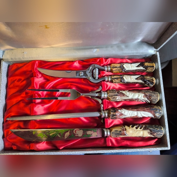 Vintage Anton Wingen JR Stag Solingen Germany Cutlery Set Etched Blades - Picture 1 of 7
